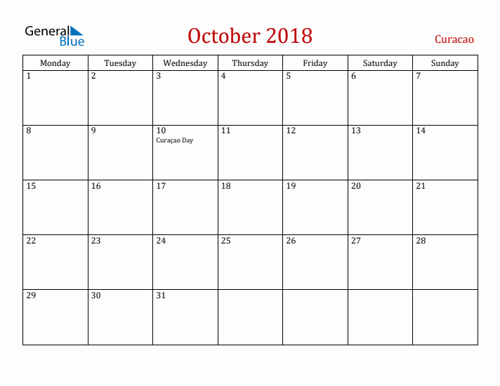 Curacao October 2018 Calendar - Monday Start
