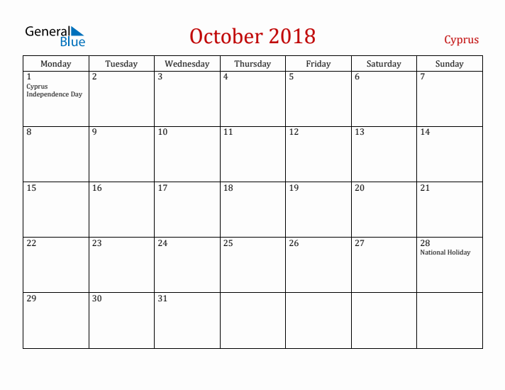 Cyprus October 2018 Calendar - Monday Start