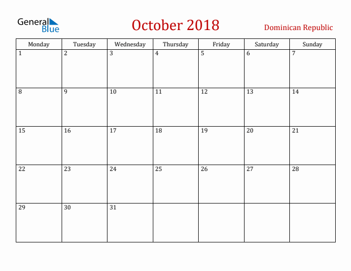 Dominican Republic October 2018 Calendar - Monday Start