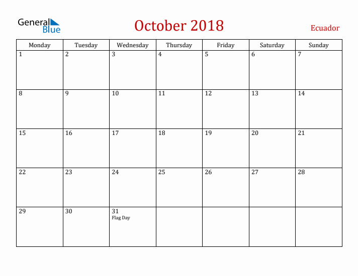Ecuador October 2018 Calendar - Monday Start