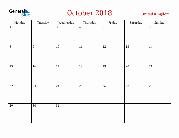 United Kingdom October 2018 Calendar - Monday Start