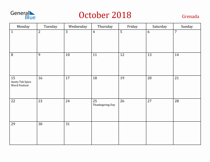 Grenada October 2018 Calendar - Monday Start