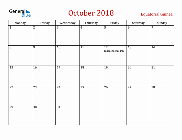 Equatorial Guinea October 2018 Calendar - Monday Start
