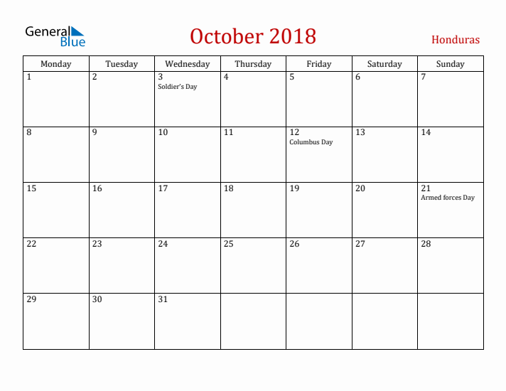 Honduras October 2018 Calendar - Monday Start