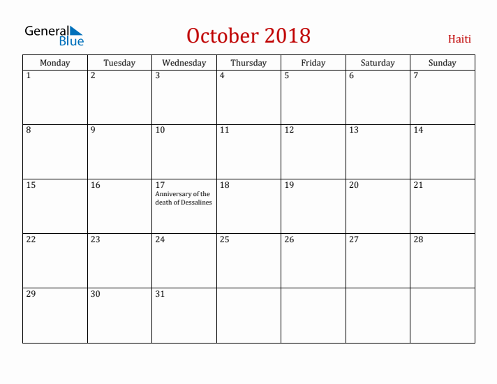 Haiti October 2018 Calendar - Monday Start