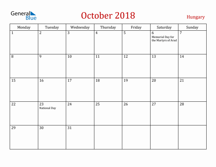 Hungary October 2018 Calendar - Monday Start