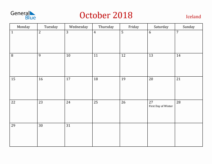 Iceland October 2018 Calendar - Monday Start