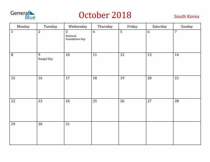 South Korea October 2018 Calendar - Monday Start