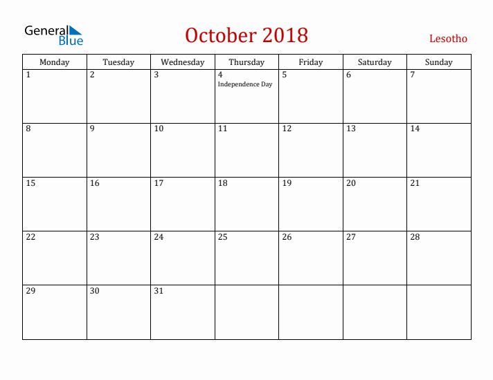 Lesotho October 2018 Calendar - Monday Start