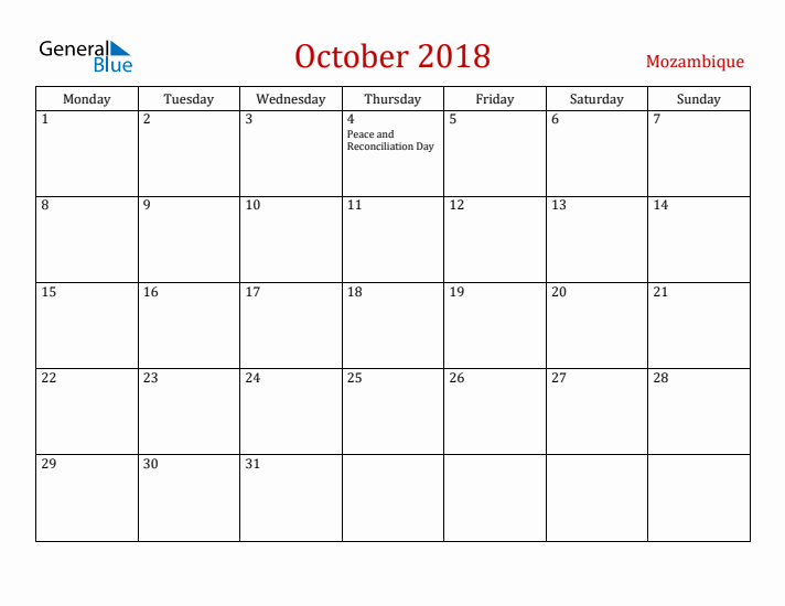 Mozambique October 2018 Calendar - Monday Start
