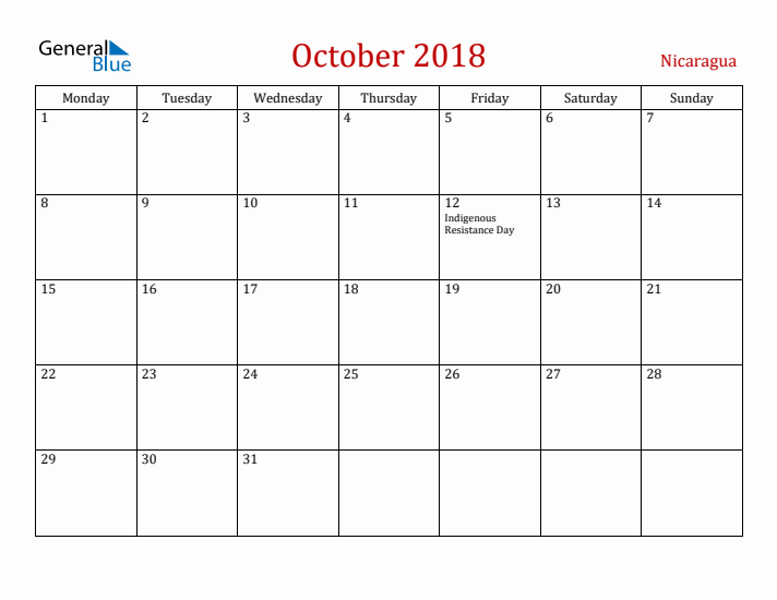 Nicaragua October 2018 Calendar - Monday Start