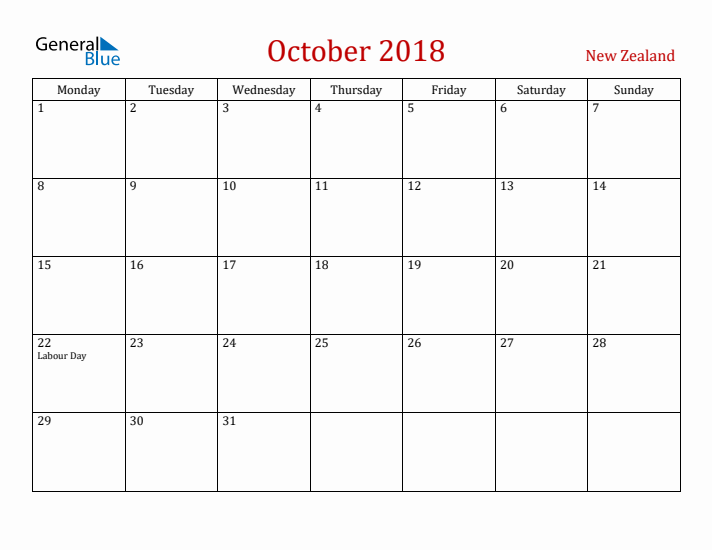 New Zealand October 2018 Calendar - Monday Start