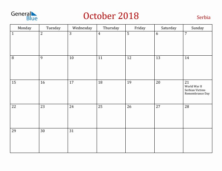 Serbia October 2018 Calendar - Monday Start