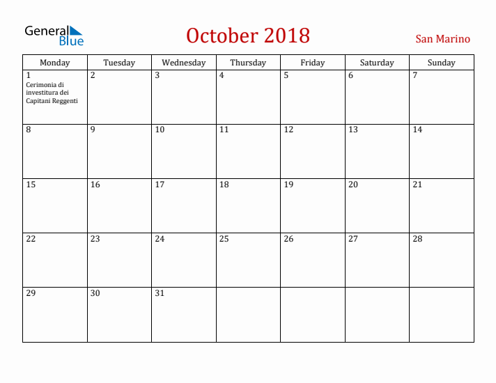 San Marino October 2018 Calendar - Monday Start