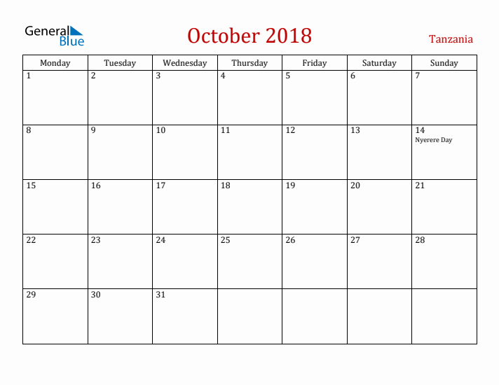 Tanzania October 2018 Calendar - Monday Start