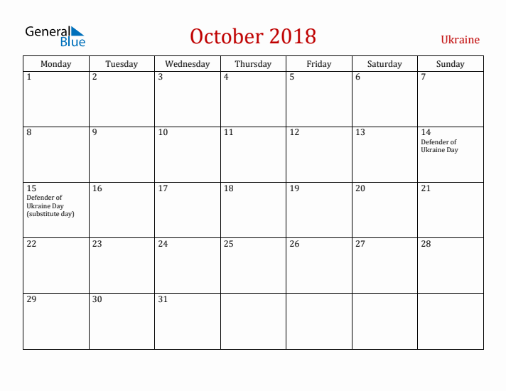 Ukraine October 2018 Calendar - Monday Start
