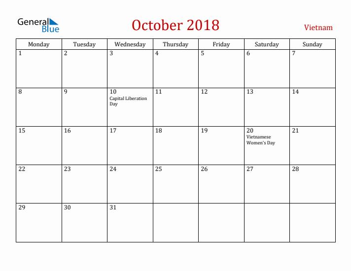 Vietnam October 2018 Calendar - Monday Start