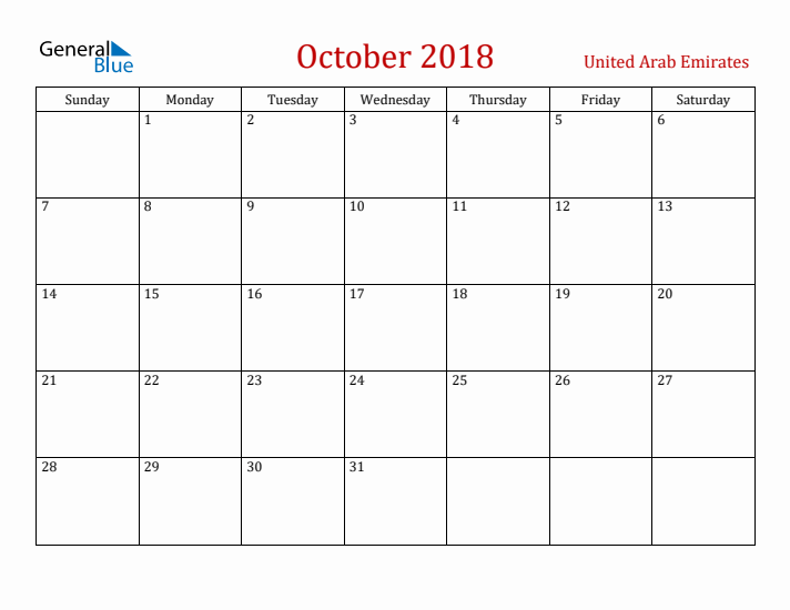 United Arab Emirates October 2018 Calendar - Sunday Start
