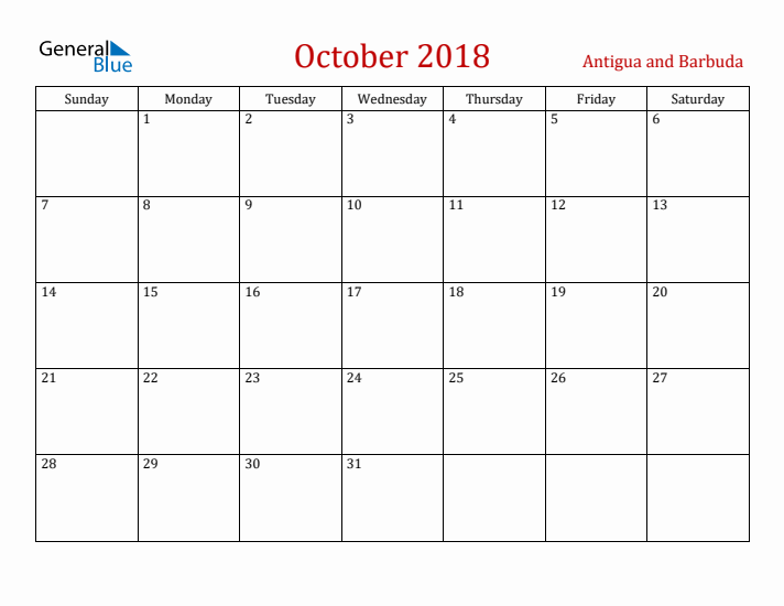 Antigua and Barbuda October 2018 Calendar - Sunday Start