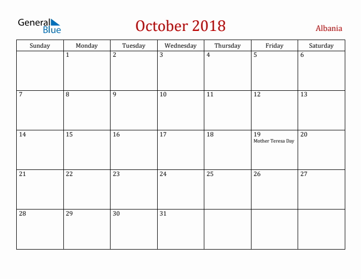 Albania October 2018 Calendar - Sunday Start