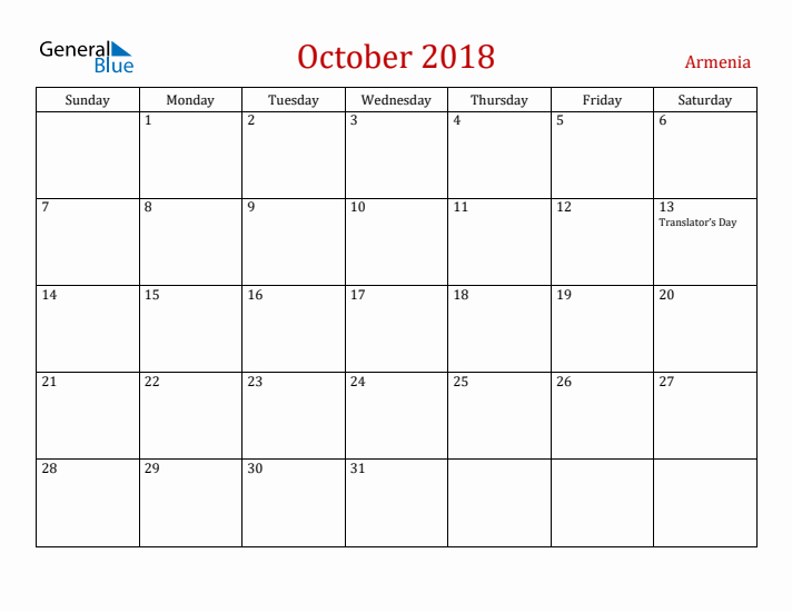Armenia October 2018 Calendar - Sunday Start