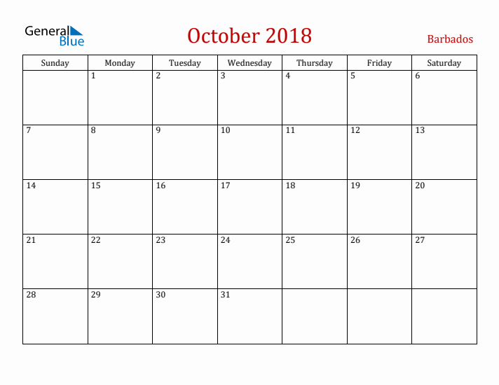 Barbados October 2018 Calendar - Sunday Start