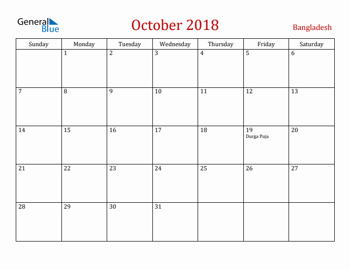 Bangladesh October 2018 Calendar - Sunday Start