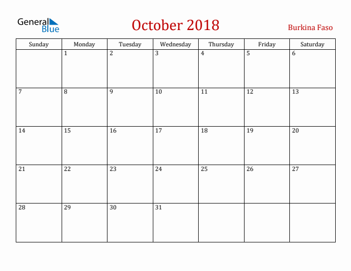 Burkina Faso October 2018 Calendar - Sunday Start