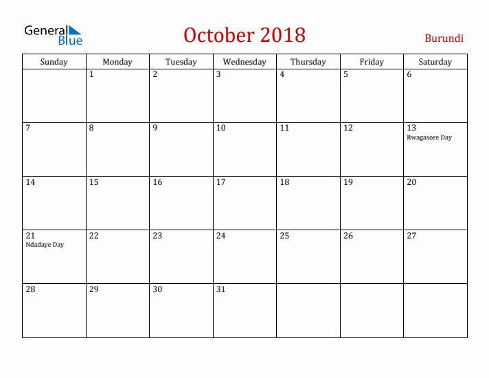 Burundi October 2018 Calendar - Sunday Start