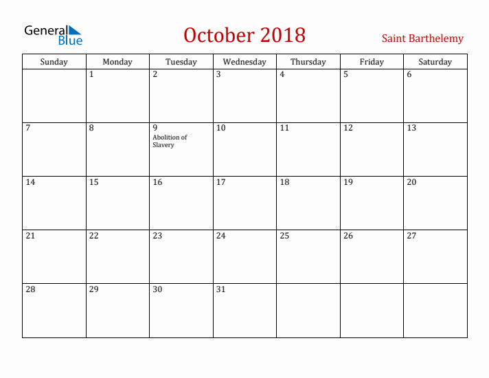 Saint Barthelemy October 2018 Calendar - Sunday Start