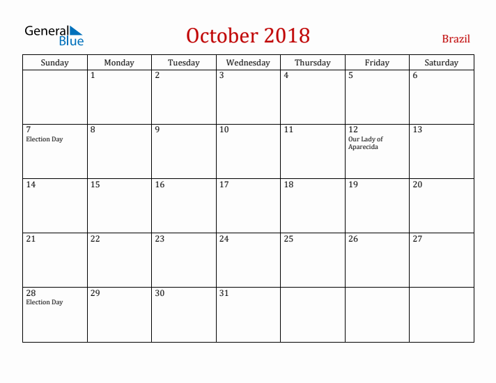 Brazil October 2018 Calendar - Sunday Start