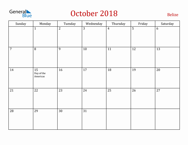 Belize October 2018 Calendar - Sunday Start