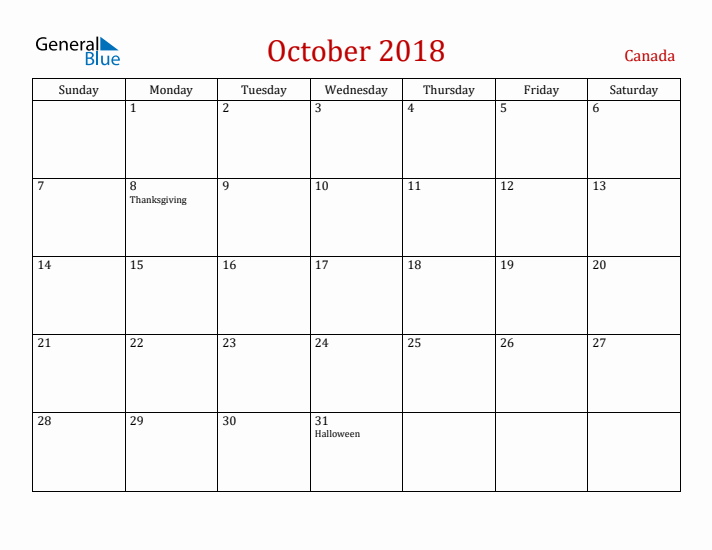 Canada October 2018 Calendar - Sunday Start