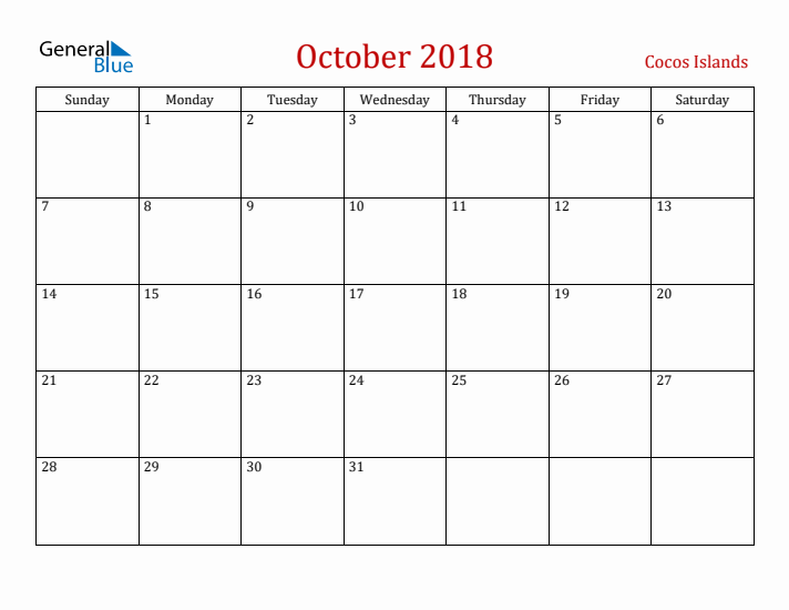 Cocos Islands October 2018 Calendar - Sunday Start