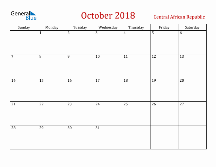 Central African Republic October 2018 Calendar - Sunday Start