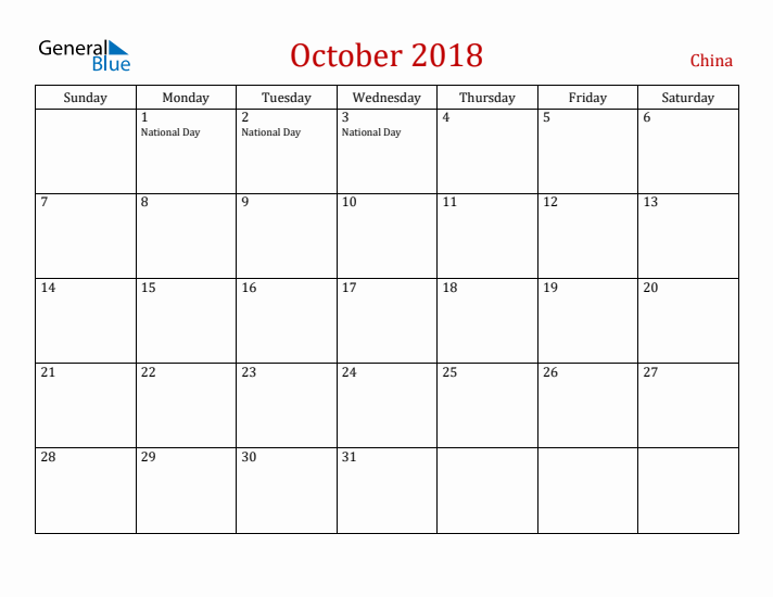China October 2018 Calendar - Sunday Start