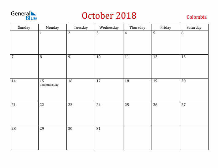 Colombia October 2018 Calendar - Sunday Start