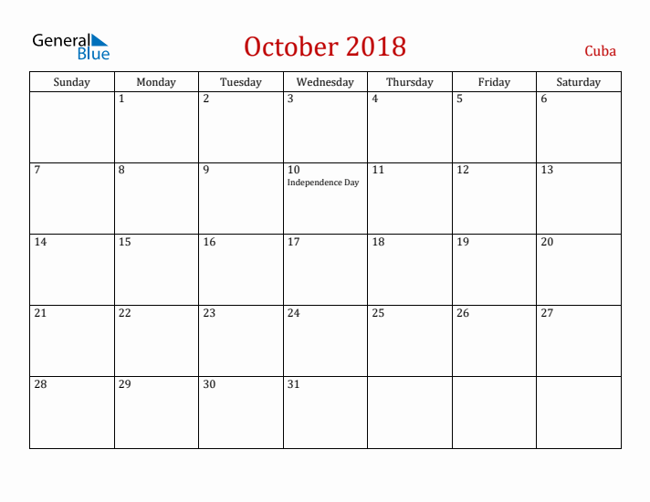 Cuba October 2018 Calendar - Sunday Start