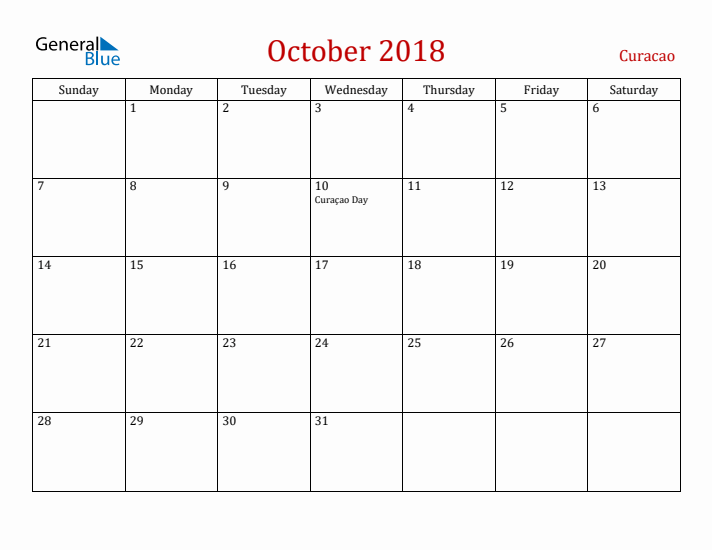 Curacao October 2018 Calendar - Sunday Start