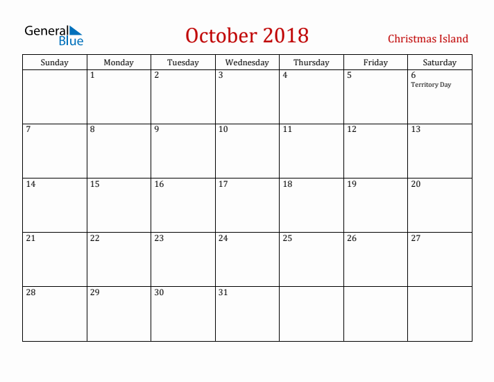 Christmas Island October 2018 Calendar - Sunday Start