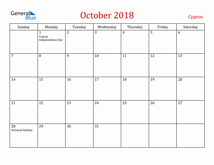 Cyprus October 2018 Calendar - Sunday Start