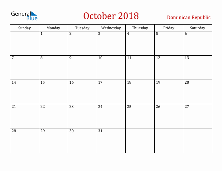 Dominican Republic October 2018 Calendar - Sunday Start
