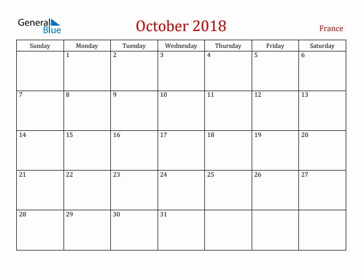 France October 2018 Calendar - Sunday Start