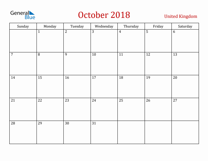 United Kingdom October 2018 Calendar - Sunday Start