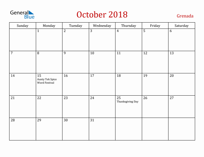 Grenada October 2018 Calendar - Sunday Start