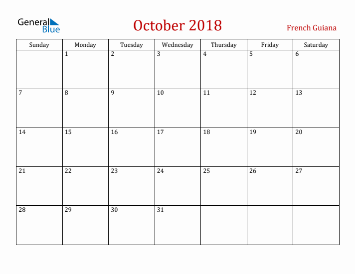 French Guiana October 2018 Calendar - Sunday Start