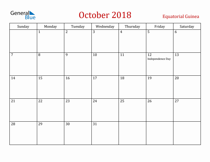Equatorial Guinea October 2018 Calendar - Sunday Start