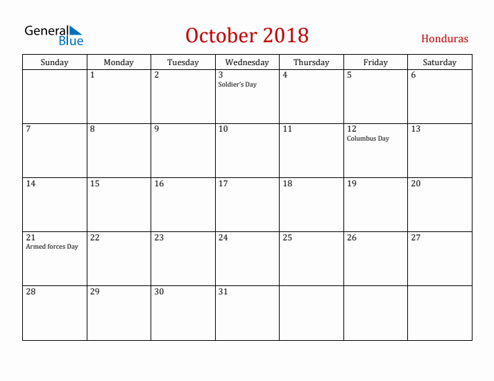Honduras October 2018 Calendar - Sunday Start