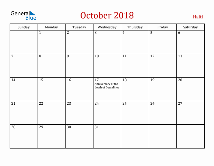 Haiti October 2018 Calendar - Sunday Start