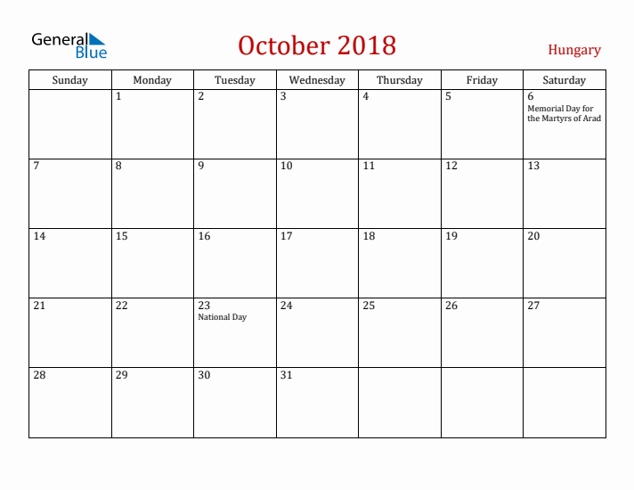 Hungary October 2018 Calendar - Sunday Start